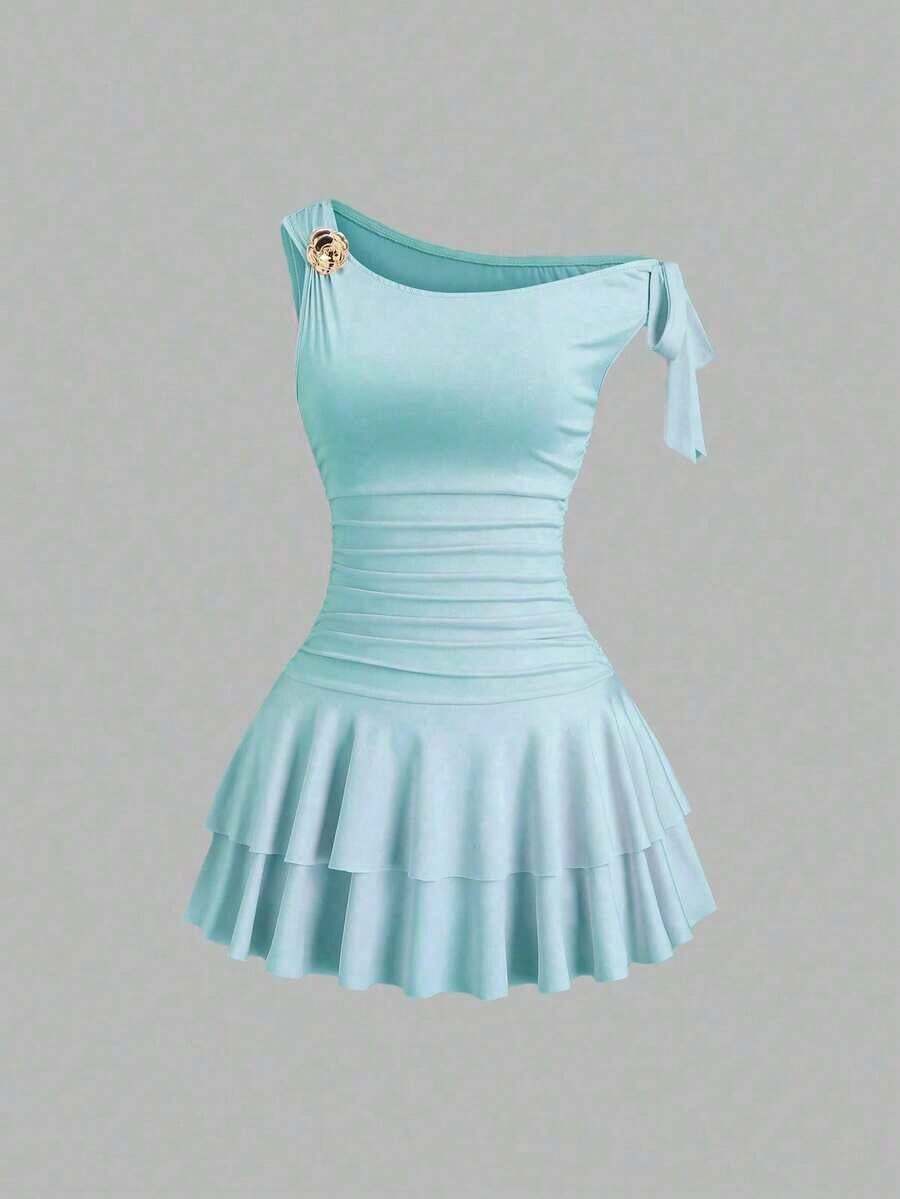 fsfvgsSweetra Vestido de moda con decoración de flor de metal, hombros y bajo fruncidossbfb s C9QO - Azul cadete - Ver 1