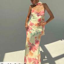 Nuevo vestido con cuello drapeado sexy con espalda descubierta, estampado de malla con flores románticas y tirantes extra largos - Albaricoque - Ver 2