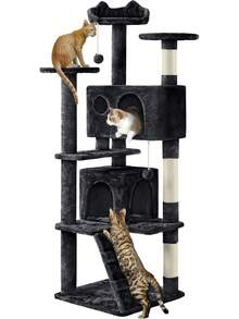 Dark Grey Multilevel Cat Tree Tower 138.5cm With Condos Ladder Scratching Posts Indoor Cat Climbing House Pet Activity Centre For Kittens - Black - View 1