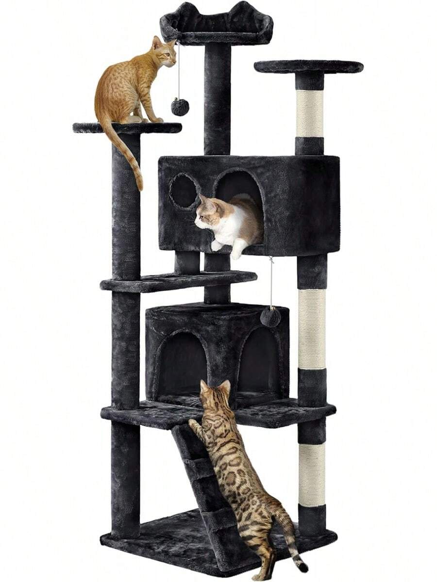 Dark Grey Multilevel Cat Tree Tower 138.5cm With Condos Ladder Scratching Posts Indoor Cat Climbing House Pet Activity Centre For Kittens - Black - View 1