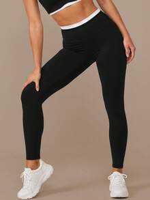 Contrast Color High Waist Tummy Control Sports Running Yoga Pants For Women - Black - View 5