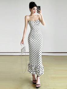 Women's Polka Dot Dress, Short Sleeve, Long Length, Suitable For Commuting, Office Casual, Cute And Stylish, Figure-Flattering, Elegant, Retro, Spring/Summer. - Black and White - View 5