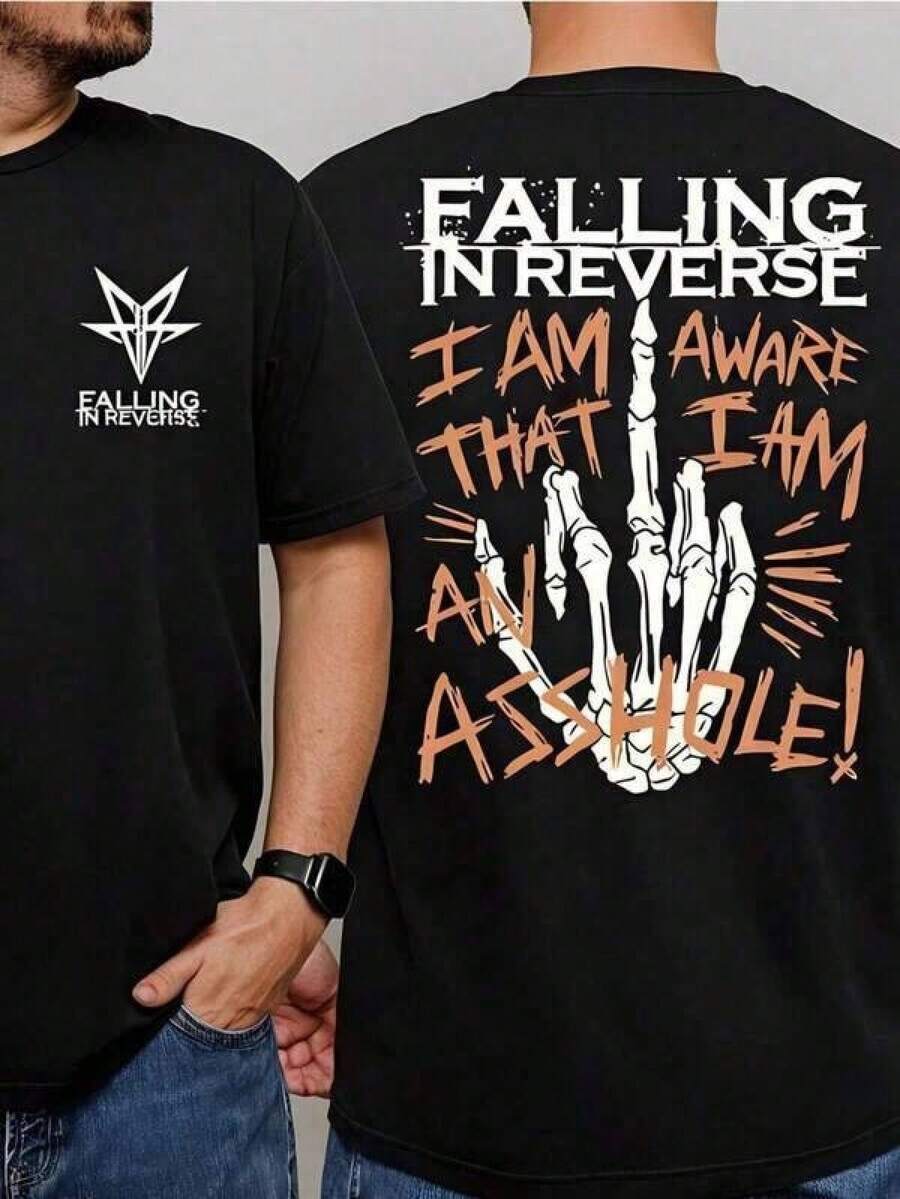 1pc Casual Algodón Camiseta para mujer Deportivo Apto para llevar en primavera, verano, otoño e invierno. Camiseta gráfica Falling In Reverse para hombres - 100% algodón con estampado de mano de esqueleto, diseño audaz y vanguardista, perfecta para festivales de música y conciertos, estilo streetwear, idea de regalo única - Negro - Ver 1