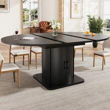 Extendable Dining Table, Kitchen Table, Round Table That Converts To Oval, 118-158 Cm, Seats Up To 6, With Drawers, Black - Hitam - View 3