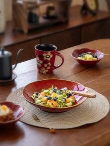 1PC Red Glazed Ceramic Plate 9 Inch Deep Dish For Home Use, Stir-Fry Plate, Pasta Plate, Salad Plate, Serving Plate. Suitable For: Kitchen, Living Room, Office, Hotel, Gathering. Capacity: 900ML - Multicolor - View 4