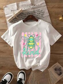 Camiseta con Estampado Kindness, Manga Corta, Cuello Redondo, Top Casual de Primavera Verano, Ropa de Mujer - Blanco - Ver 1