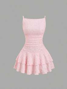 Vestido elegante y delicado de estilo vintage Y2K del milenio, adecuado para citas, salidas, fiestas, uso diario, viajes y vacaciones de primavera, sesiones de fotos, cenas a la luz de las velas. Cintura ceñida, bordado de encaje, dobladillo con volantes de doble capa, color rosa - Rosa - Ver 1
