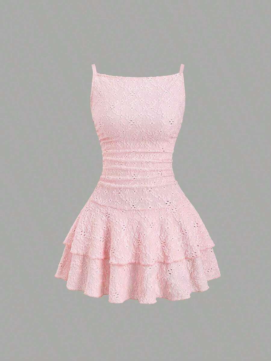 Vestido elegante y delicado de estilo vintage Y2K del milenio, adecuado para citas, salidas, fiestas, uso diario, viajes y vacaciones de primavera, sesiones de fotos, cenas a la luz de las velas. Cintura ceñida, bordado de encaje, dobladillo con volantes de doble capa, color rosa - Rosa - Ver 1