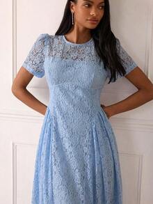 Vestido de encaje elegante y nuevo para mujer, vestido versátil de alta moda y gracia, adecuado para ir al trabajo, salidas casuales, reuniones, citas, fiestas, ocio, salidas, vacaciones, verano, viajes de vacaciones - Azul - Ver 8