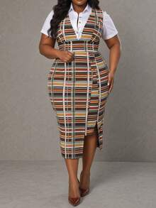 NOU Women's Mid-Length Elegant Square Neck Bodycon Plaid Dress, Flattering Fit For Work, Afternoon Tea, Church, Formal Occasions. Solid Color, Elegant Fabric, Faux Pockets, Suitable For Office, Daily Dates, Birthday Parties, Mother's Day, Casual Spring/Autumn - Multicolor - View 2