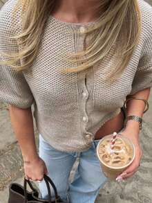 Women's Short Sleeve Knit Cardigan, Round Neck, Button Front, Regular Hem, Casual Top, Medium Stretch Fabric, Suitable For Summer And Spring Wear - Khaki - View 3