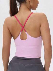 Women's Athletic T-Shirt With Fixed Padding, Color Contrast, Elastic, Summer Yoga Top - Diamond Pink - View 2