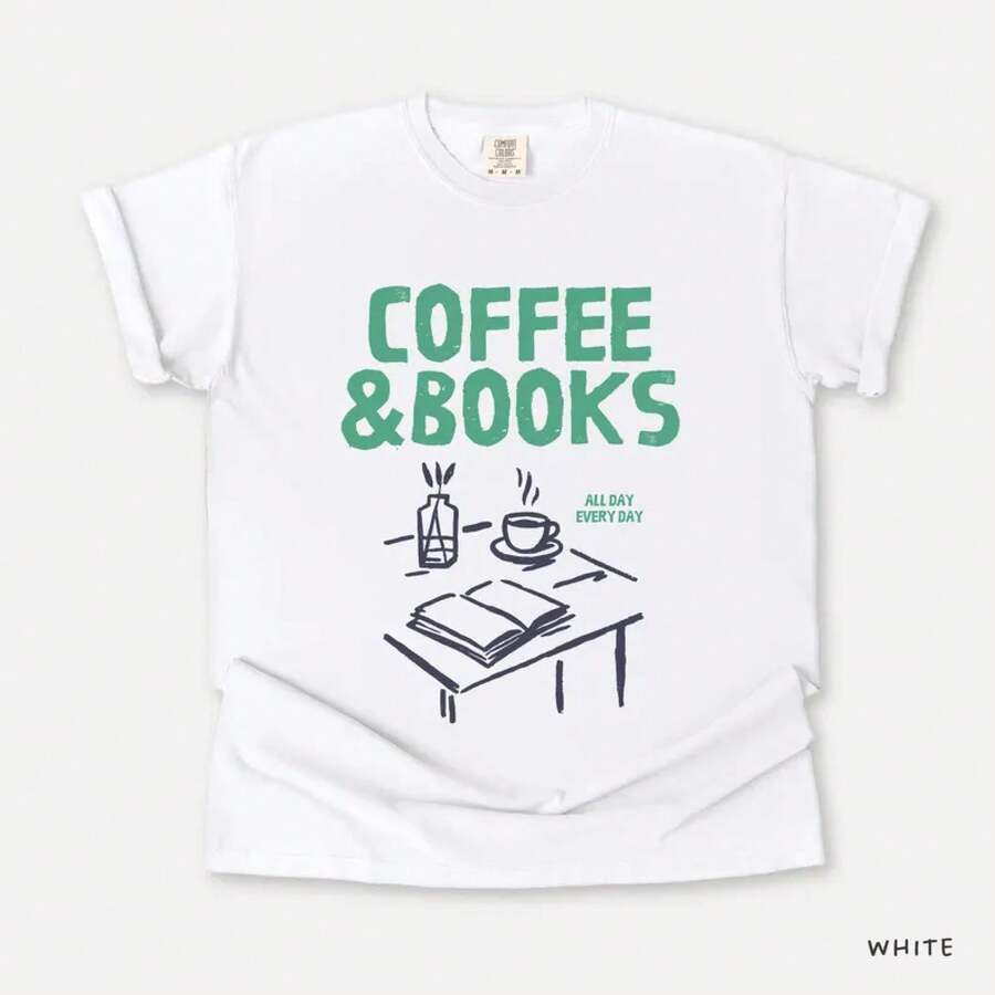 2026 Kaffe och böcker T-shirt: Unisex-skjorta dam sommartopp - Vitt - Visa 1