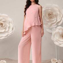 Conjunto de top y pantalones de maternidad elegante con decoración de perlas falsas y bajo asimétrico, para verano - Rosa - Ver 5