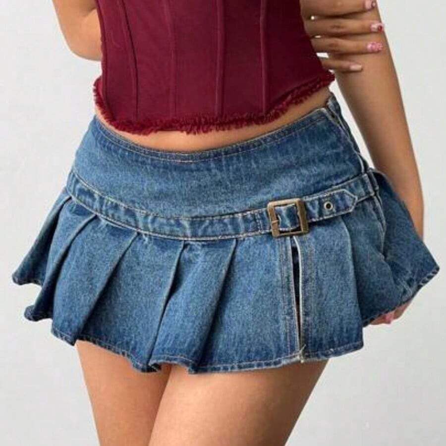 guang zhou mi qian shang mao  Minifalda de jeans plisada de talle ultra bajo sexy para mujer - Azul - Ver 1