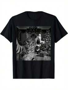 Funny Christmas T-Shirt With Cat And Santa For Men And Women - Casual Short Sleeve T-Shirt With Santa And Graphic, Christmas Party Outfits, Funny Christmas Gifts, Comfortable Crew Neck T-Shirt - 黑色 - 查看 7