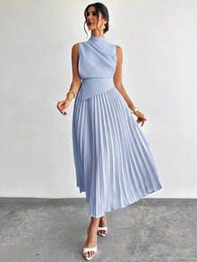 Vestido de línea A con cuello swing, sin mangas y con volantes/Falda paraguas/Ropa de vuelta al colegio/Ropa escolar/Fiesta/Estilo de mujer de dinero antiguo/Atuendos para salir/Atuendo de fiesta para mujer/Atuendos de oficina para mujer/Falda color albaricoque imitación - Celeste - Ver 6