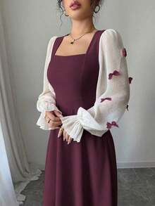 Vestido de mujer con parches tejidos, decoración de lazo y cintura ceñida - Burdeos - Ver 7