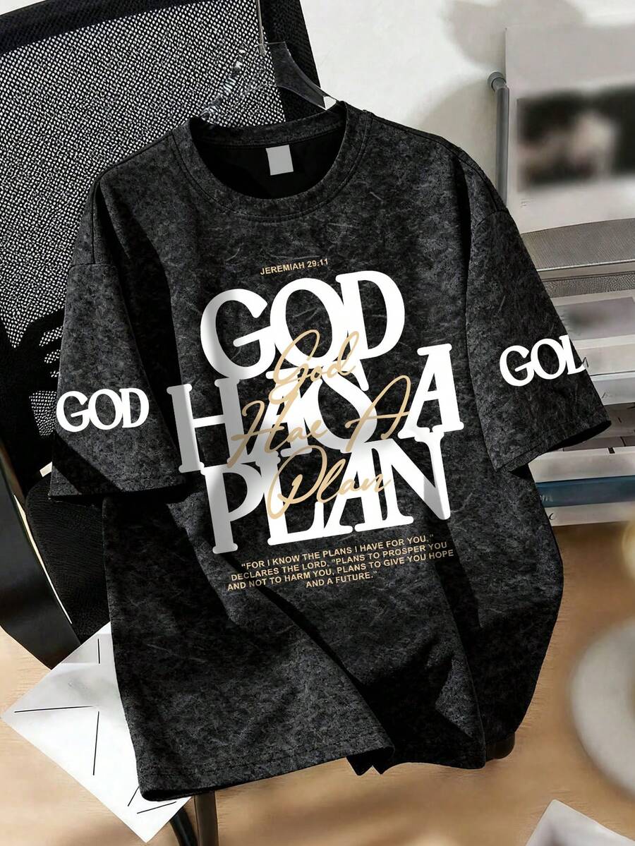 Teen Boys Street Style Short Sleeve T-Shirt, Printed With "GOD HAS A PLAN" Slogan, Essential For Spring, Autumn And Summer - Black - View 1