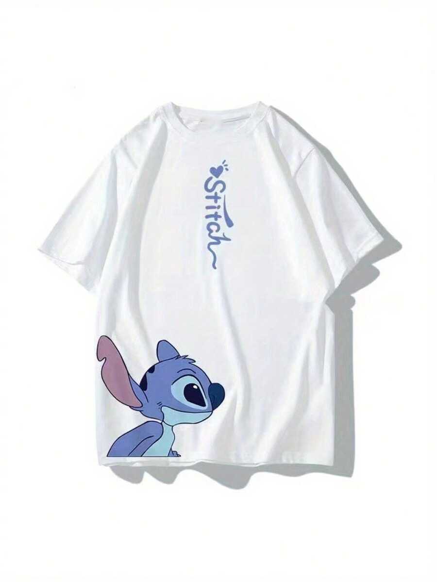 Disney Stitch & Angel Themed Couple's T-Shirts, Officially Printed Short-Sleeved T-Shirts For Couples, Suitable For Spring And Summer, Beautiful And Casual Shirts, The Best Choice For Gifts - 白色 - 查看 1