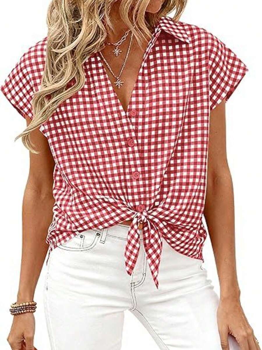 Puff Sleeve Striped Ruffle Blouse V Neck Button Front Summer Top Chic Casual Work Office Outfit For Women - 紅色格子 - 查看 1