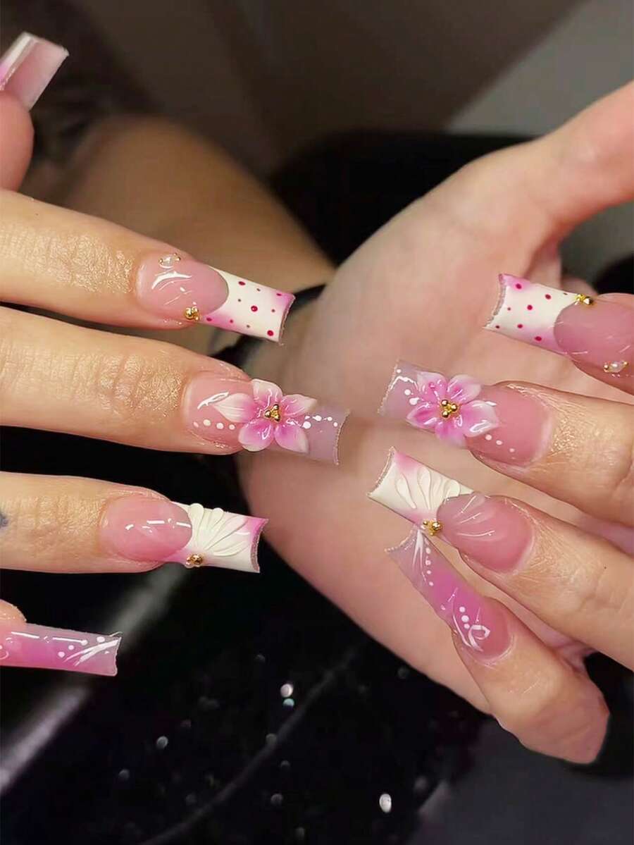 24pcs Sweet Girl Style Pink Gradient 3D Flower Square Nail Stickers, French Polka Dot Design, Includes Jelly Gel + Buffing, Gentle & Elegant For Dates, Parties, Outings, No Baking Nail Stickers - Pink - View 1