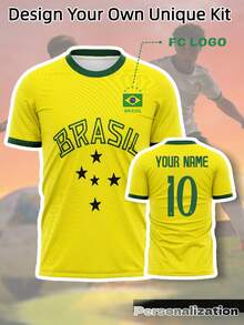 Camiseta de fútbol retro personalizada de Brasil, camiseta amarilla impresa con texto "BRASIL" y patrón de estrellas, nombre y número personalizables para deportes - Amarillo - Ver 1