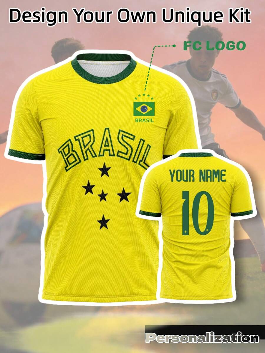 Camiseta de fútbol retro personalizada de Brasil, camiseta amarilla impresa con texto "BRASIL" y patrón de estrellas, nombre y número personalizables para deportes - Amarillo - Ver 1