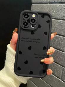 1 pieza Funda de teléfono a prueba de golpes, resistente al agua y a los arañazos, con patrón de corazón miniatura en beige, compatible con Apple/Redmi/Infinix/Vivo, con microforos y amortiguación - Negro - Ver 1
