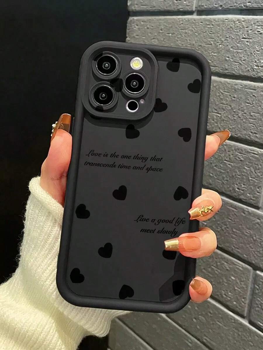 1 pieza Funda de teléfono a prueba de golpes, resistente al agua y a los arañazos, con patrón de corazón miniatura en beige, compatible con Apple/Redmi/Infinix/Vivo, con microforos y amortiguación - Negro - Ver 1