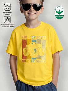 Boys' T-Shirt "This Boy Loves Monster Trucks" 100% Cotton, Soft And Comfortable For Everyday Wear, Suitable For Home, Outdoors And Sports Activities, Comfortable And Breathable - 黃色 - 查看 2