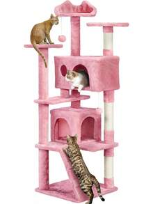 Dark Grey Multilevel Cat Tree Tower 138.5cm With Condos Ladder Scratching Posts Indoor Cat Climbing House Pet Activity Centre For Kittens - Pink - View 1