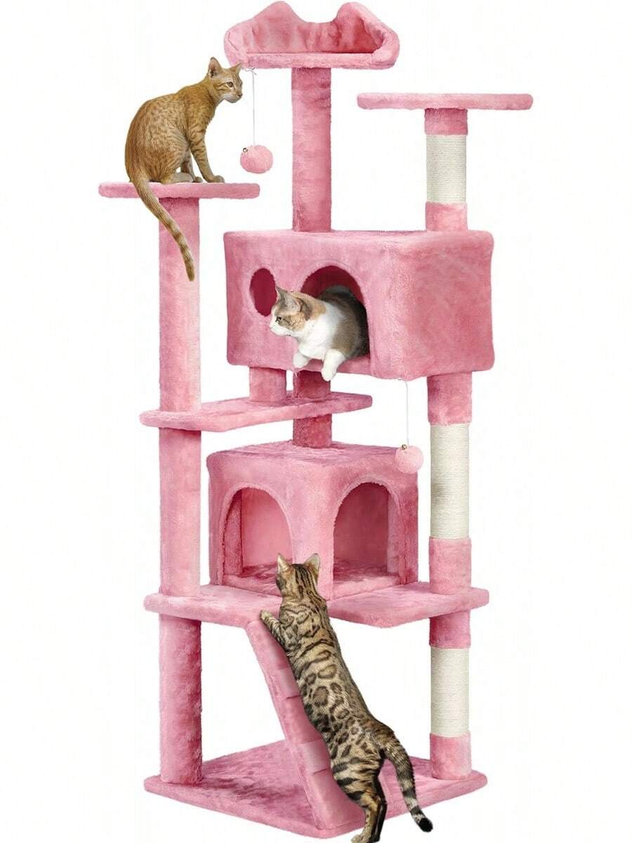 Dark Grey Multilevel Cat Tree Tower 138.5cm With Condos Ladder Scratching Posts Indoor Cat Climbing House Pet Activity Centre For Kittens - Pink - View 1