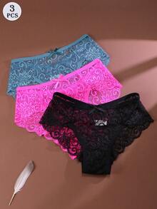 3pcs/Set Women's Low Waist Lace Sexy Thong Panties - Multicolor - View 3