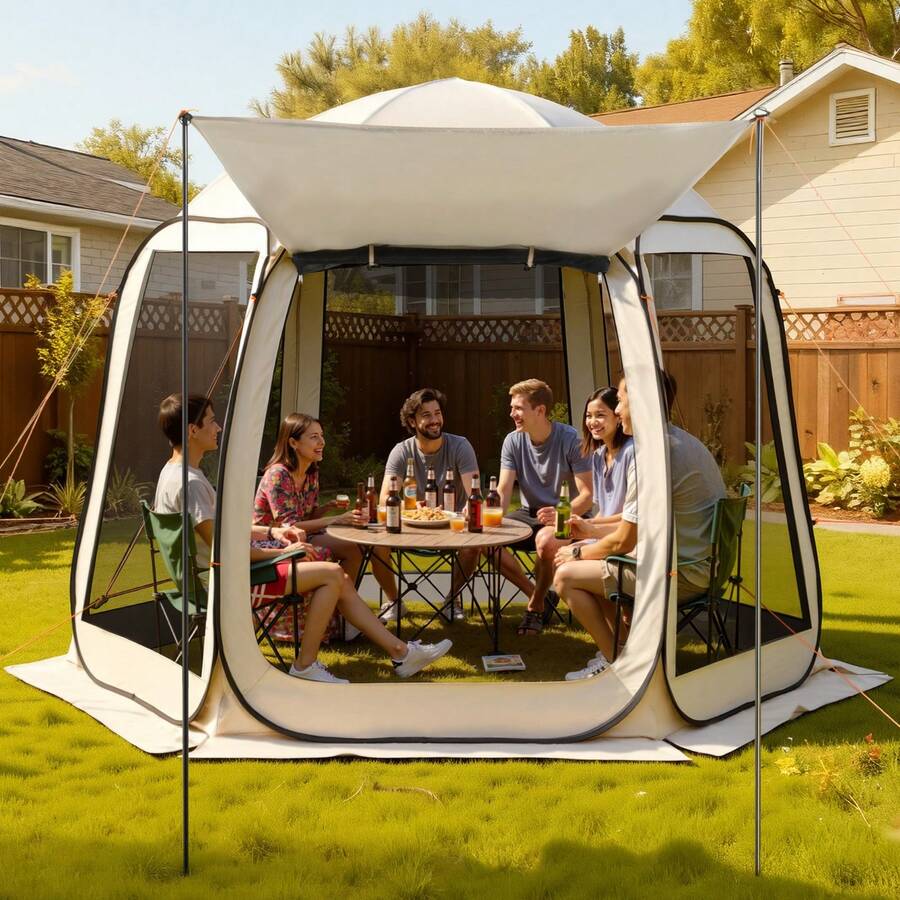 Screen House Tent, 10 X 9.2 Ft, 4-8 Person Pop Up Screen Tent With Extended Awning, Portable Screened In Canopy With Carry Bag, Netting Sides, For Patio, Backyard, And Outdoor Activities, Beige - 10 x 9.2 ft, 4-8 Person with Extended Awning - 查看 1