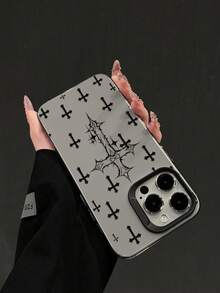 1pc Ins Style Grey Background Thorns Cross Print Shockproof Soft Phone Case, Niche Street Fashion Protective Cover, Best Gift Choice, Compatible With IPhone 17/17Pro/17ProMax/16/11/16Plus/16ProMax/16e/15ProMax/13/14/12/14ProMax/12ProMax/13ProMax/12Pro/13Pro/14Pro - Black Frame Sand Grey - View 4
