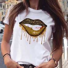 New Women's T-Shirt With Pink Lips And Leopard Print, Casual Style, Round Neck, Sexy, Black, With Kiss Design, Fun, For Girls, Dropshipping - 黑與白 - 查看 2
