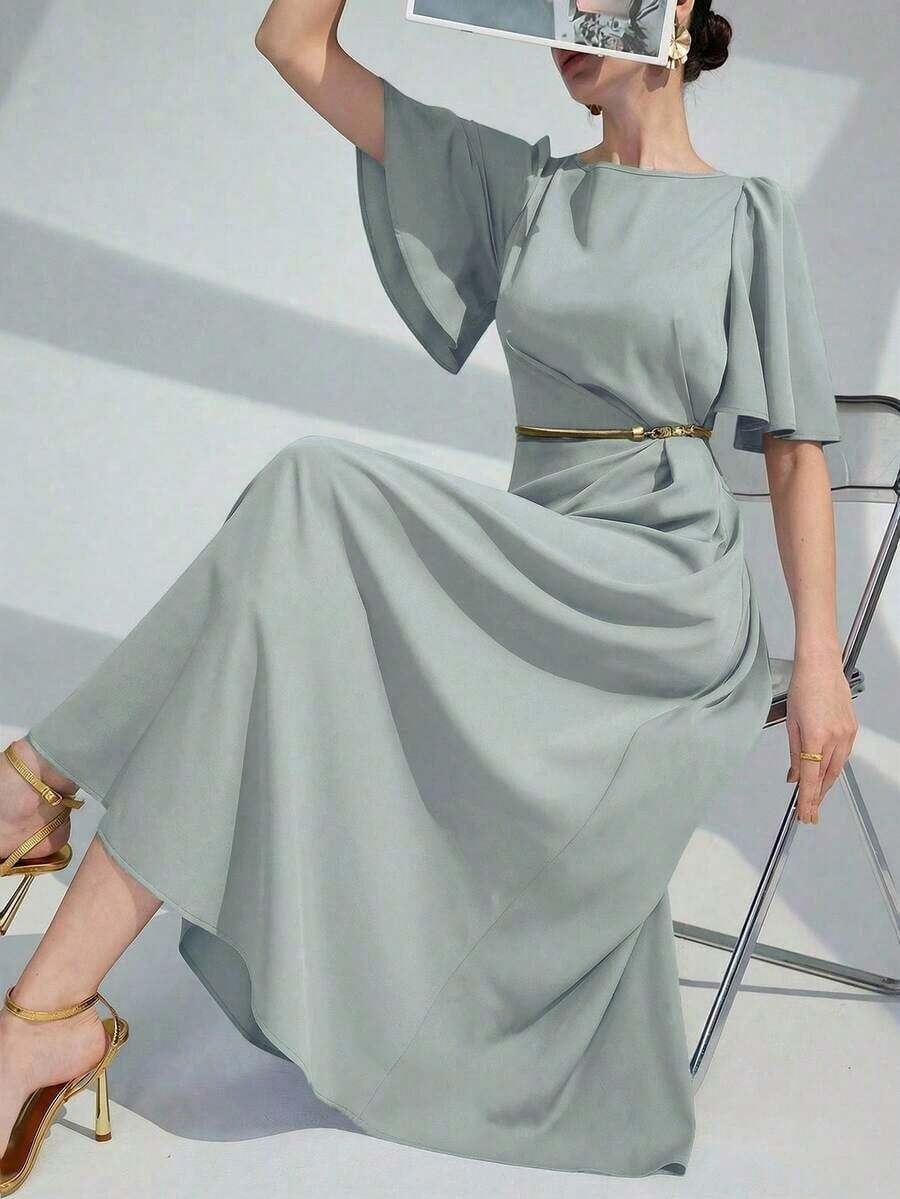Vestido largo de noche con cuello redondo, volantes y mangas cortas de unicolor para mujer - Verde Gris - Ver 1