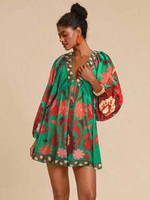 Vestido de gasa con cuello en V y manga larga con estampado floral para mujer, adecuado para vacaciones, estilo de vacaciones, estampado gráfico tejido, atuendos casuales de verano para vacaciones, atuendos de vacaciones en la playa bohemia, ropa bohemia chic, atuendos de festivales de vacaciones, atuendos de playa para mujer, atuendos de verano para mujer, atuendo de graduación, atuendos de cumpleaños para mujer, artículos esenciales de playa, atuendo de aeropuerto para mujer, vestido de té, vestido de cumpleaños, vestido de verano, verano europeo, ropa bohemia para mujer, vestido elegante para mujer - Azul - Ver 6