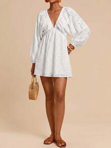 Vestido de gasa con cuello en V y manga larga con estampado floral para mujer, adecuado para vacaciones, estilo de vacaciones, estampado gráfico tejido, atuendos casuales de verano para vacaciones, atuendos de vacaciones en la playa bohemia, ropa bohemia chic, atuendos de festivales de vacaciones, atuendos de playa para mujer, atuendos de verano para mujer, atuendo de graduación, atuendos de cumpleaños para mujer, artículos esenciales de playa, atuendo de aeropuerto para mujer, vestido de té, vestido de cumpleaños, vestido de verano, verano europeo, ropa bohemia para mujer, vestido elegante para mujer - Blanco - Ver 3