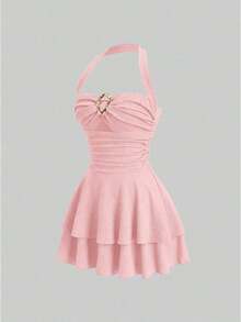 fsvsSweetra Nuevo diseño de primavera/verano con estilo elegante y retro, sexy y delgado, con escote halter, elegante y versátil, cómodo vestido casual marrón para mujeressdvs KFJQ - Rosa - Ver 4