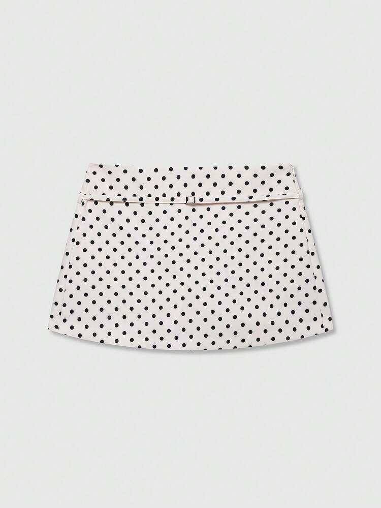 Women's Polka Dot Pattern Zipper Waist Belt Midi Skirt Shorts Summer - Beige - View 1