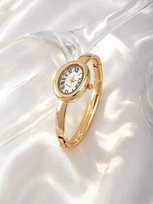 New Vintage Luxury Roman Numeral Women's Watch, Elegant High-End Fashion Quartz Wristwatch - Gold - View 1