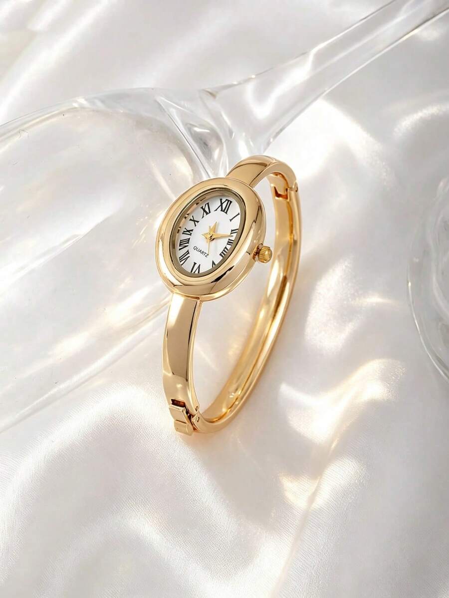 New Vintage Luxury Roman Numeral Women's Watch, Elegant High-End Fashion Quartz Wristwatch - Gold - View 1