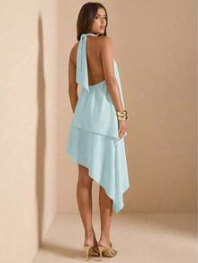 Vestido de línea A con escote halter y espalda descubierta de satén de unicolor amarillo/crema, adecuado para primavera/verano, vacaciones, boda elegante, fiesta, otoño/invierno, Navidad, Halloween - Marrón - Ver 9
