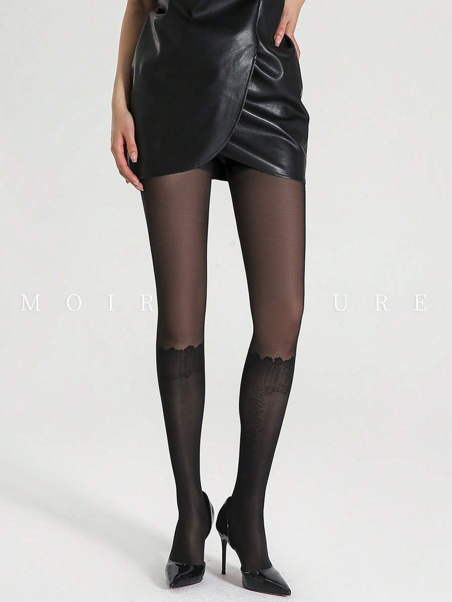 MOIRÉALLURE 一双女士黑色蕾丝假小腿袜,时尚性感提花真丝长筒袜,连裤袜,适合日常休闲穿着,也适合派对、聚会、通勤等场合。 - 黑色 - 查看 1
