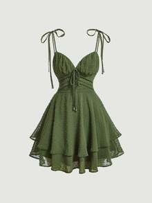 Vestido corto con volantes verde con escote fruncido y tirantes con lunares suizos - Burdeos - Ver 5