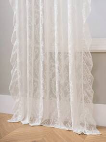 1pc White Peony With Ruffle Edge Curtain Panel, French Chic Romantic Ruffle Edge Curtain Suitable For Bay Window, Living Room, Bedroom, Office, Kitchen, Study - White - View 6