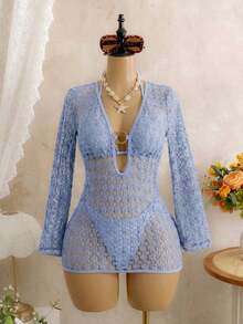 Conjunto de bikini de atar elegante y vintage de color marrón sólido para mujer, ideal para vacaciones y casual. Vestido con textura como cubierta de traje de baño, traje de baño para playa en primavera/verano - Celeste - Ver 7