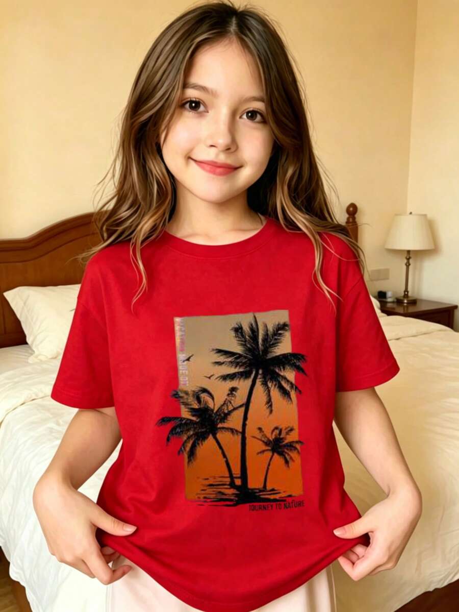 Palm Trees Sunset Silhouette Beach Printed T-Shirt For Kids - Red - View 1